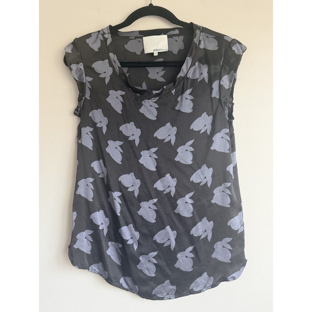 3.1 Phillip Lim 100% Silk Rabbit Print Blouse Top Black Gray Bunny Size 2 Shirt